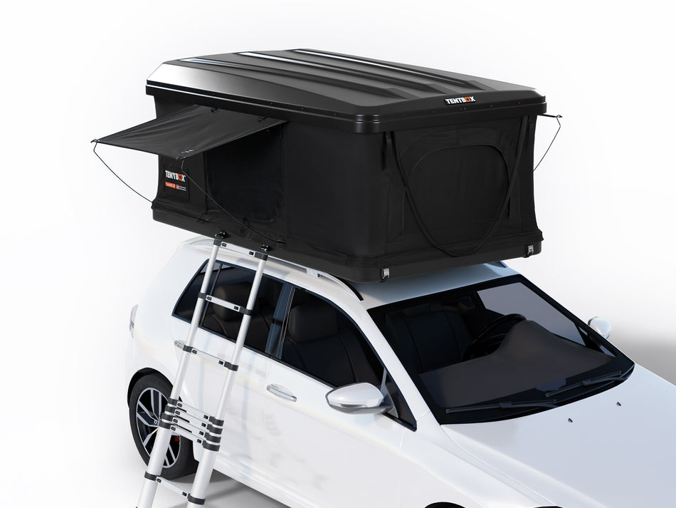 A black rooftop tent mounted on the roof of a white hatchback car, shown on a clean white studio background. The tent has an extended side flap, a black ladder, and visible Tents 3 branding.