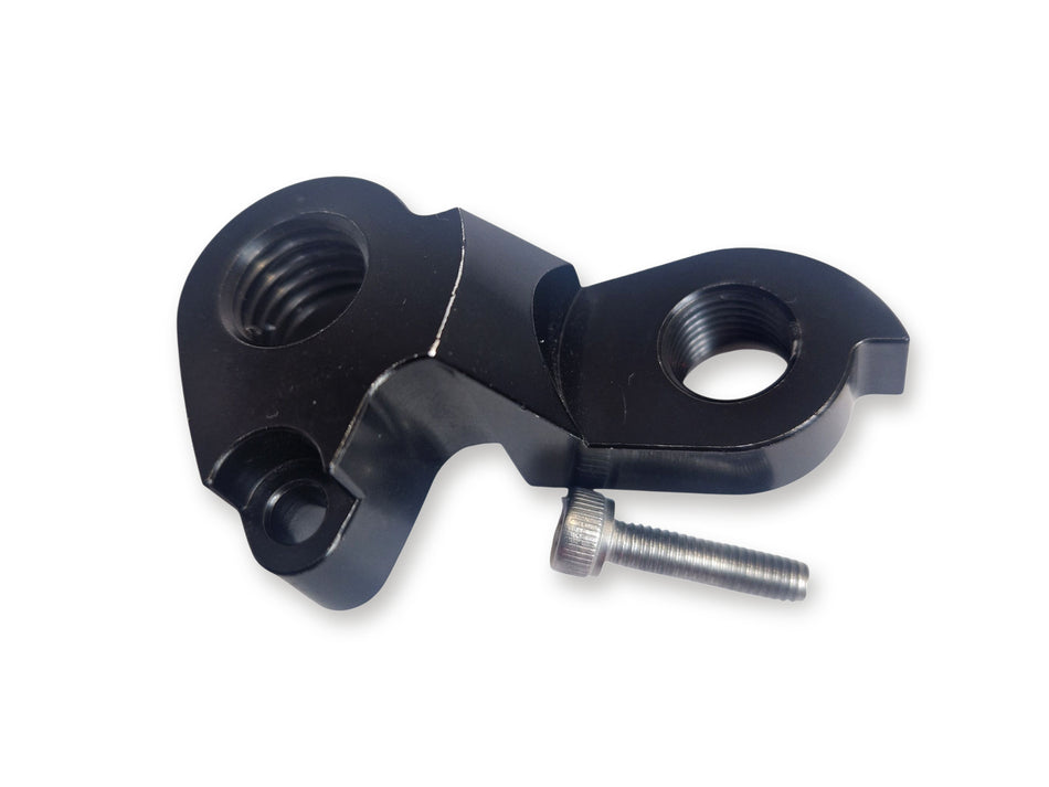 Black metal bracket with a screw on a white background