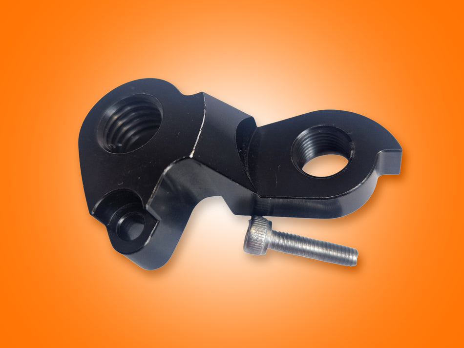 Black metal bracket with a bolt on an orange background