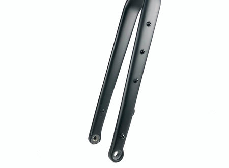 Reilly branded carbon fibre bicycle forks with thru axle and mount holes