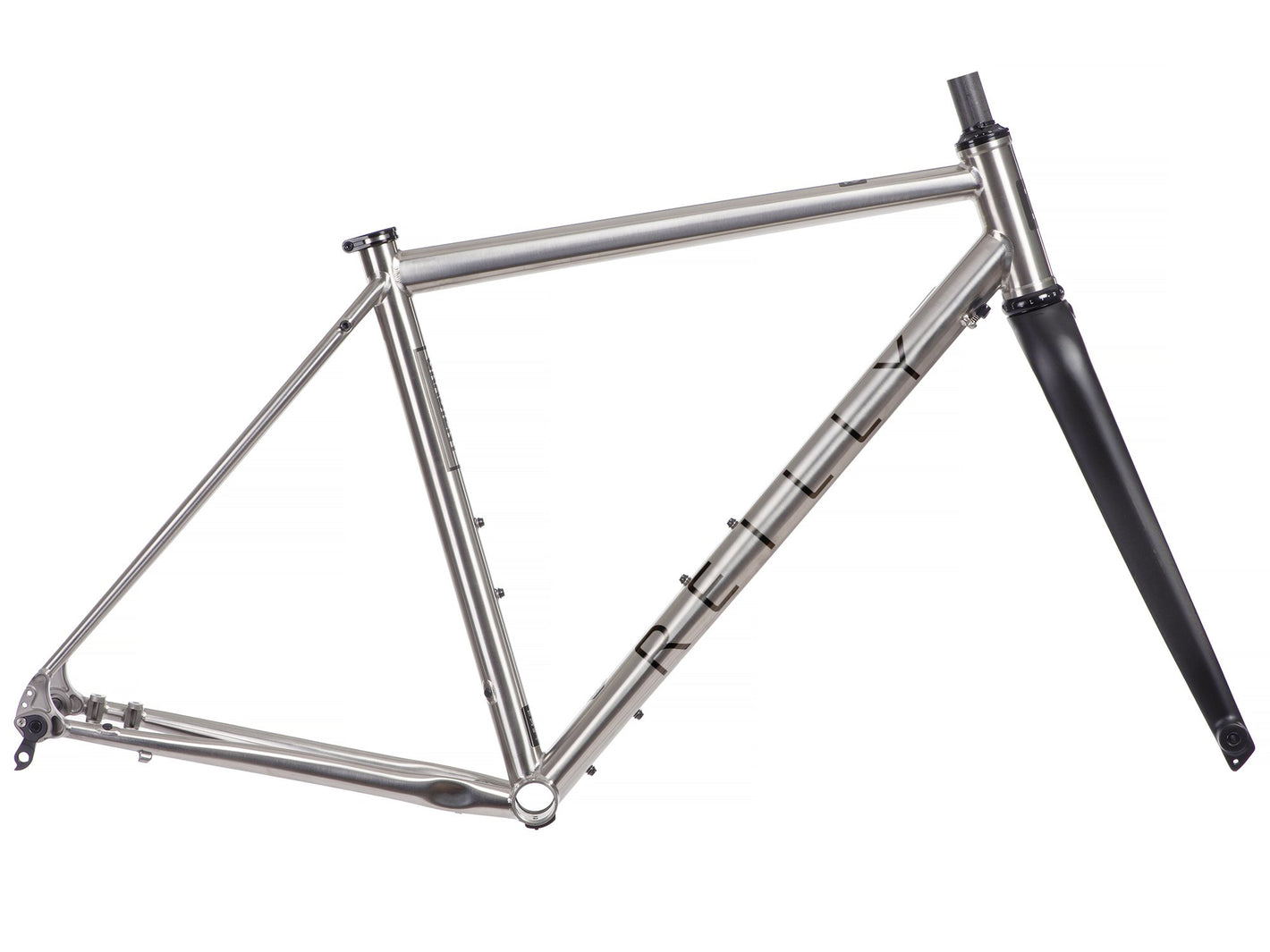 A titanium gravel bike frame with a carbon fork