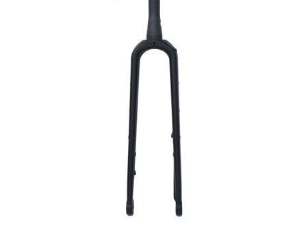 Black carbon fibre adventure bike forks on white background