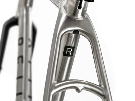 polished titanium bike frame with "R" Reilly logo 