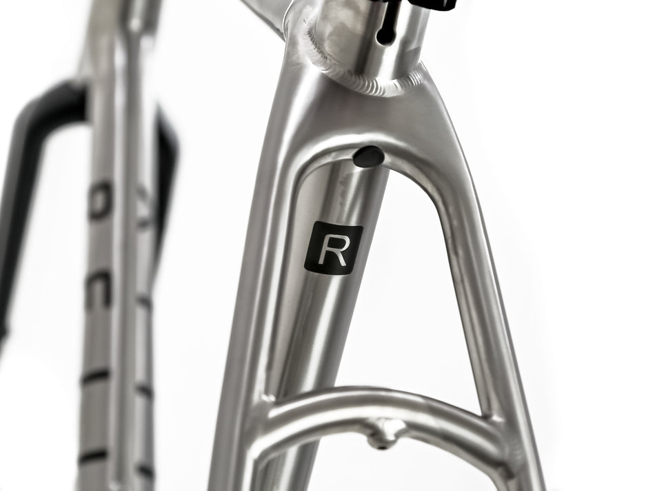 polished titanium bike frame with "R" Reilly logo 