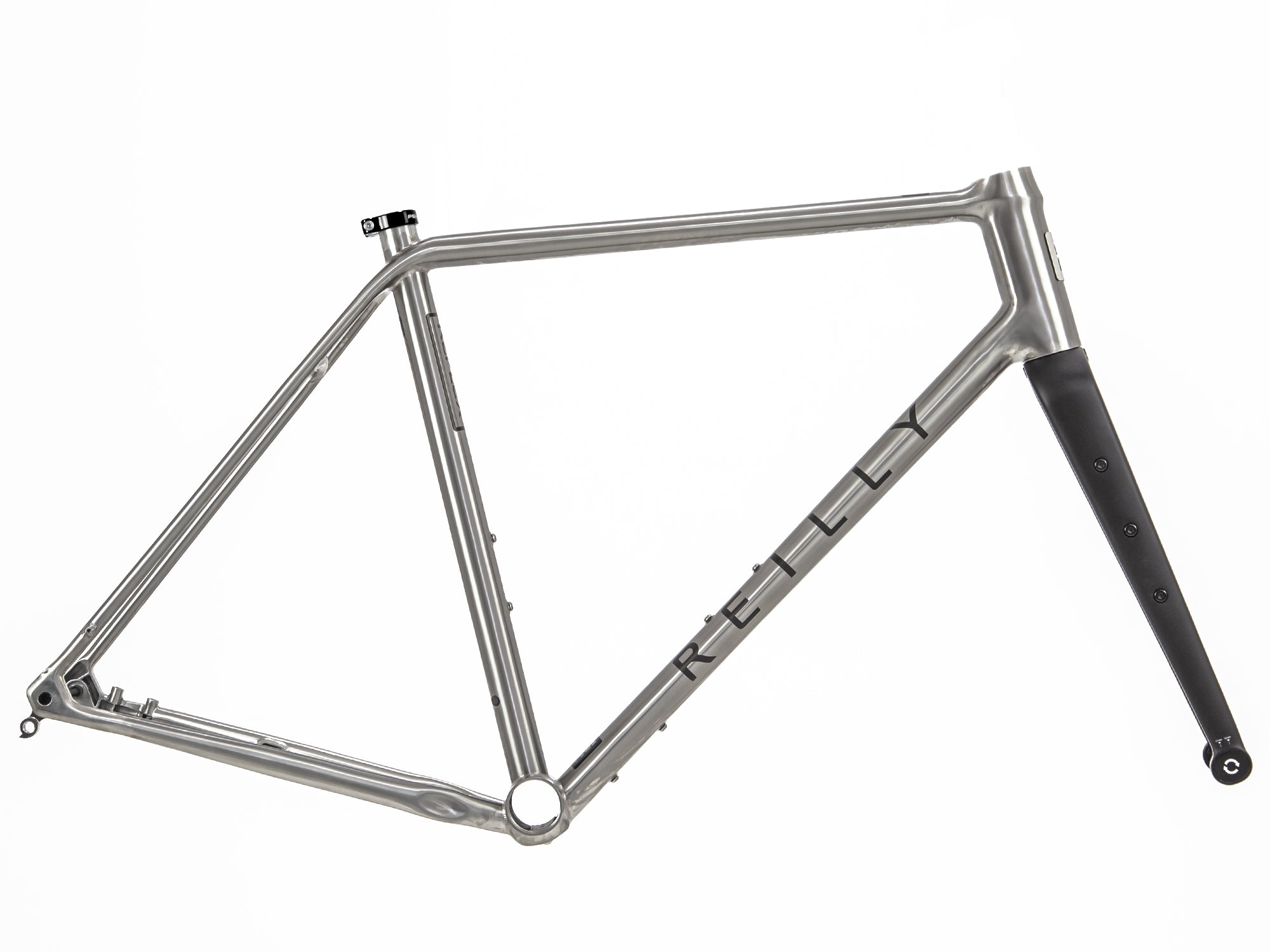 A titanium gravel race frame set with integrated fork and cable routing, displayed on a white background.