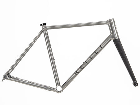 A titanium gravel race frame set with integrated fork and cable routing, displayed on a white background.