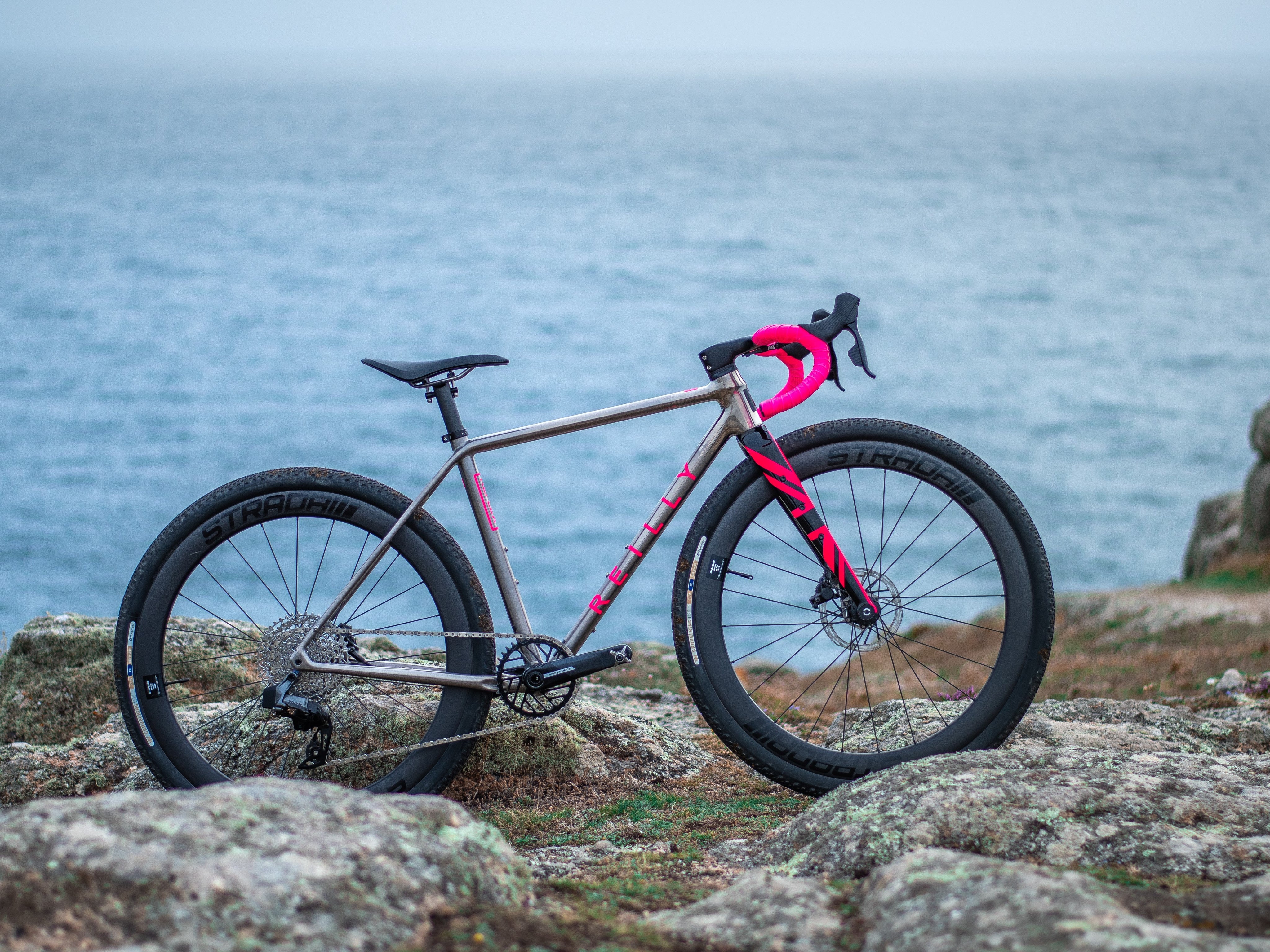 A titanium bike with pink bars with the sea in the background. 
