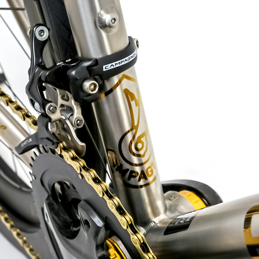 Reilly road bike with a golden campagnolo decal 