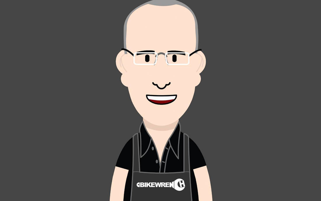 Bikewrench logo featuring drawing of a man wearing apron with Bikewrench written across the top.