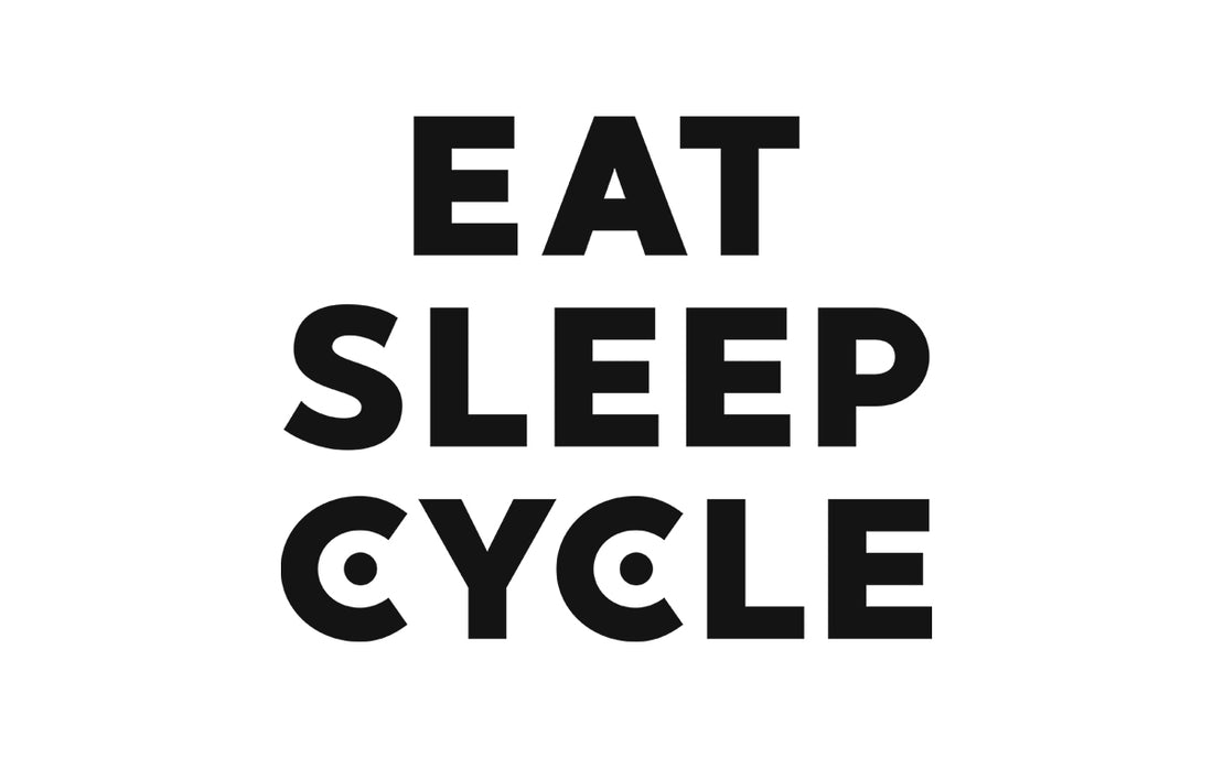 eat sleep cycle logo in black capitalsed font on a white background.