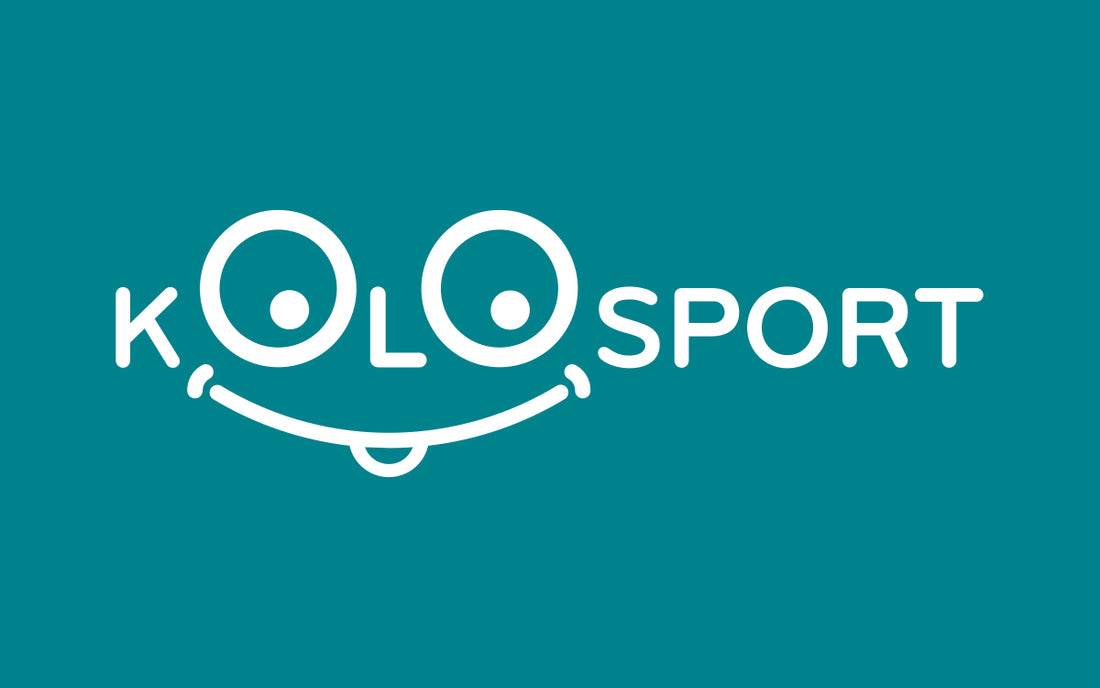 kolo sport logo, in white font on a turquoise background. the first two 'o's' are characterised by eyes.