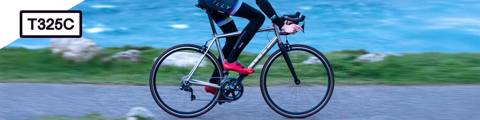 Person riding a titanium bicycle on a road with a scenic background