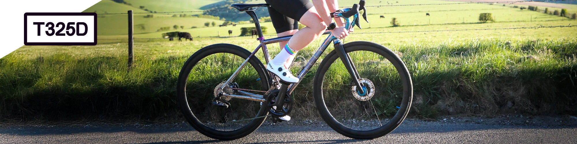 Person riding a titanium bicycle on a road with a scenic background