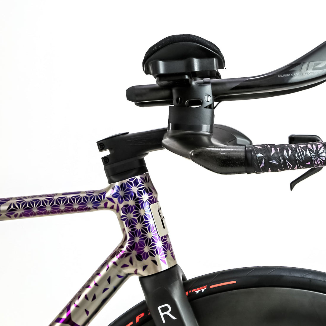 Custom built titanium time trial bike with anodized logos