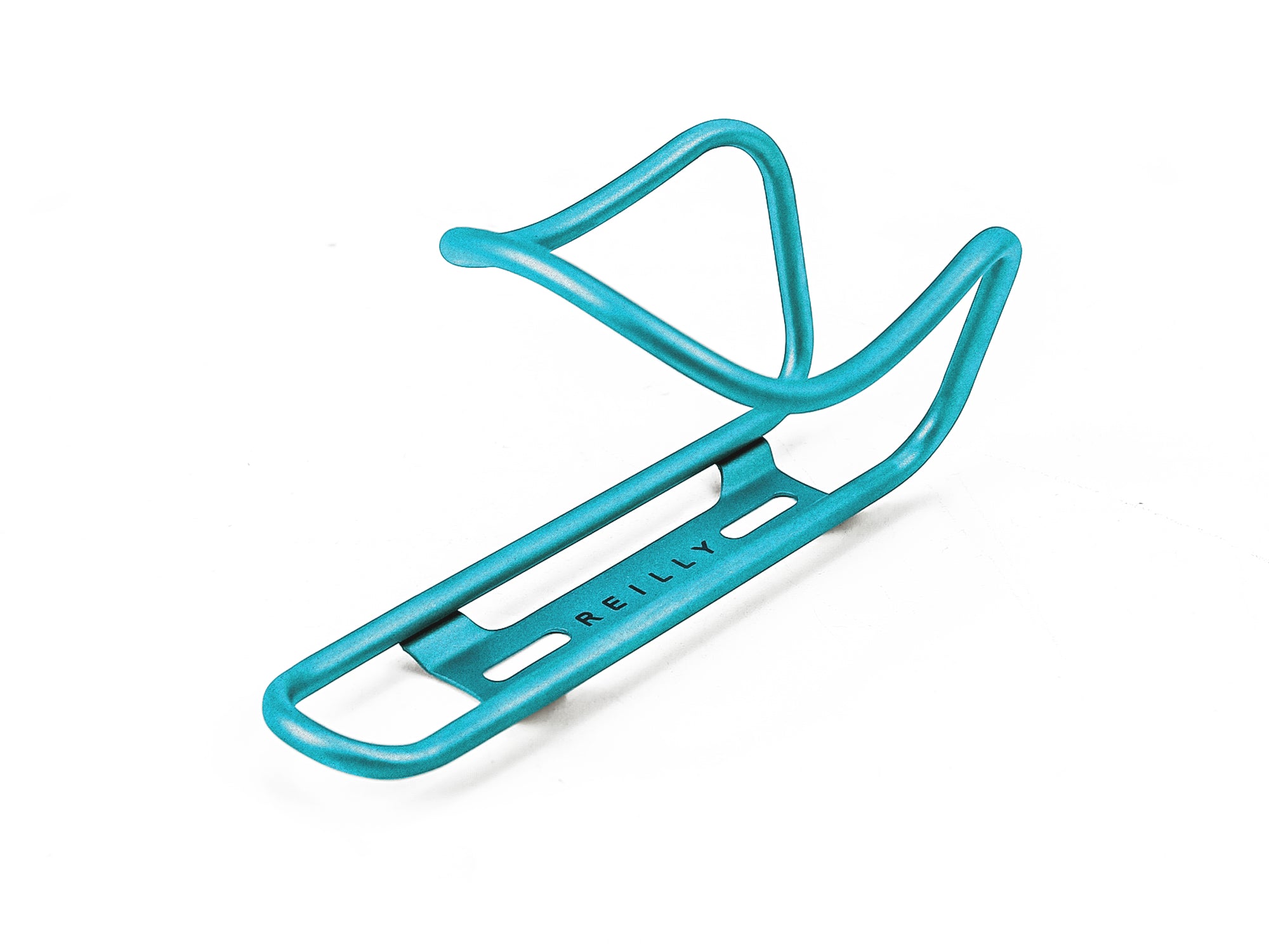 Light blue ti bottle cage on a white background
