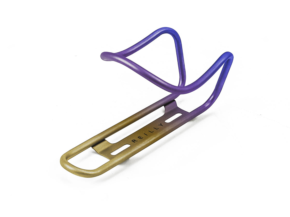 Oilslick ti bottle cage on a white background