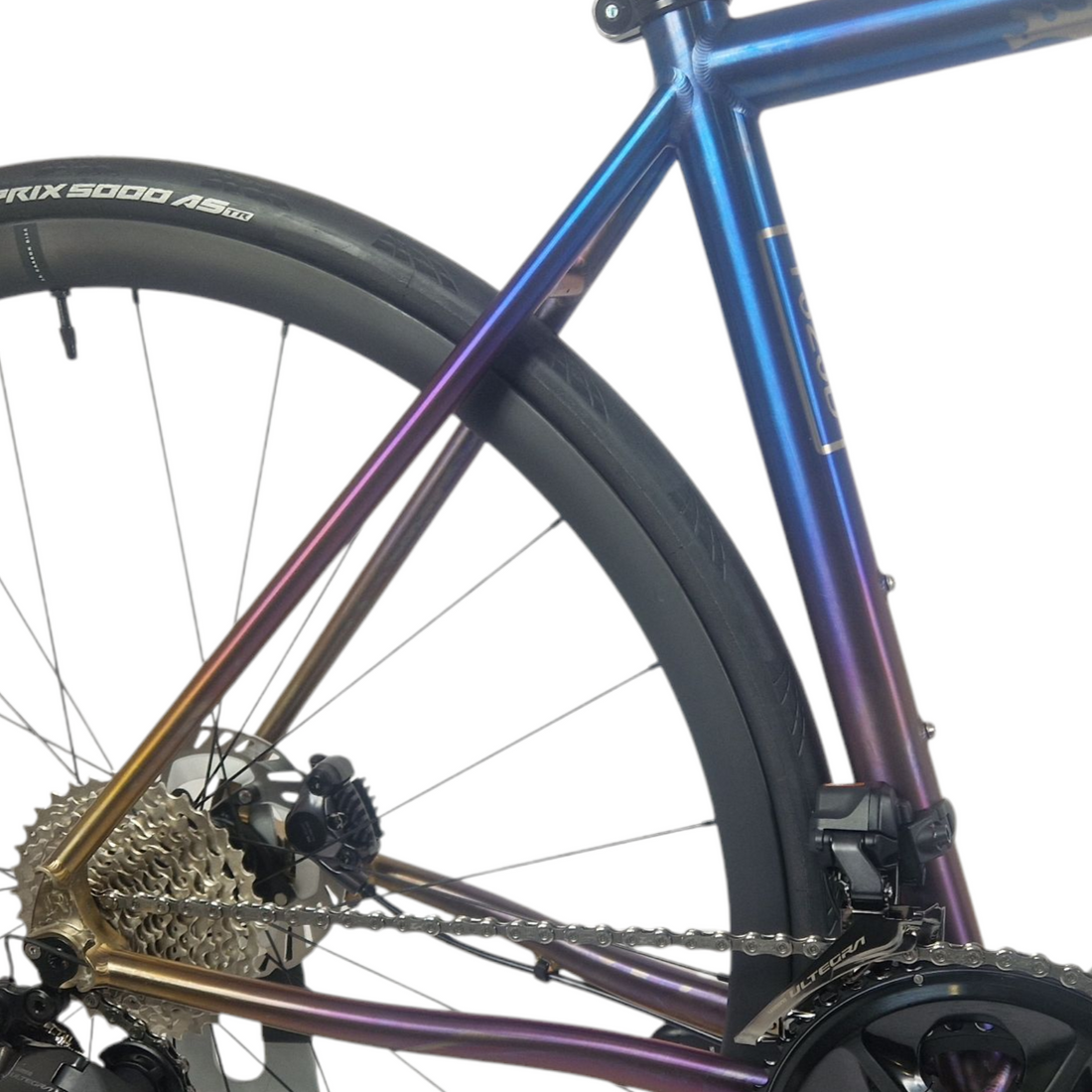 Anodized fade finish gold purple blue on titanium road bike 