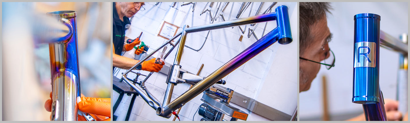 The anodising process for a titanium bike frame in workshop