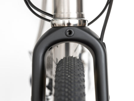 Front on view of Reilly carbon adventure forks on a titanium adventure bike