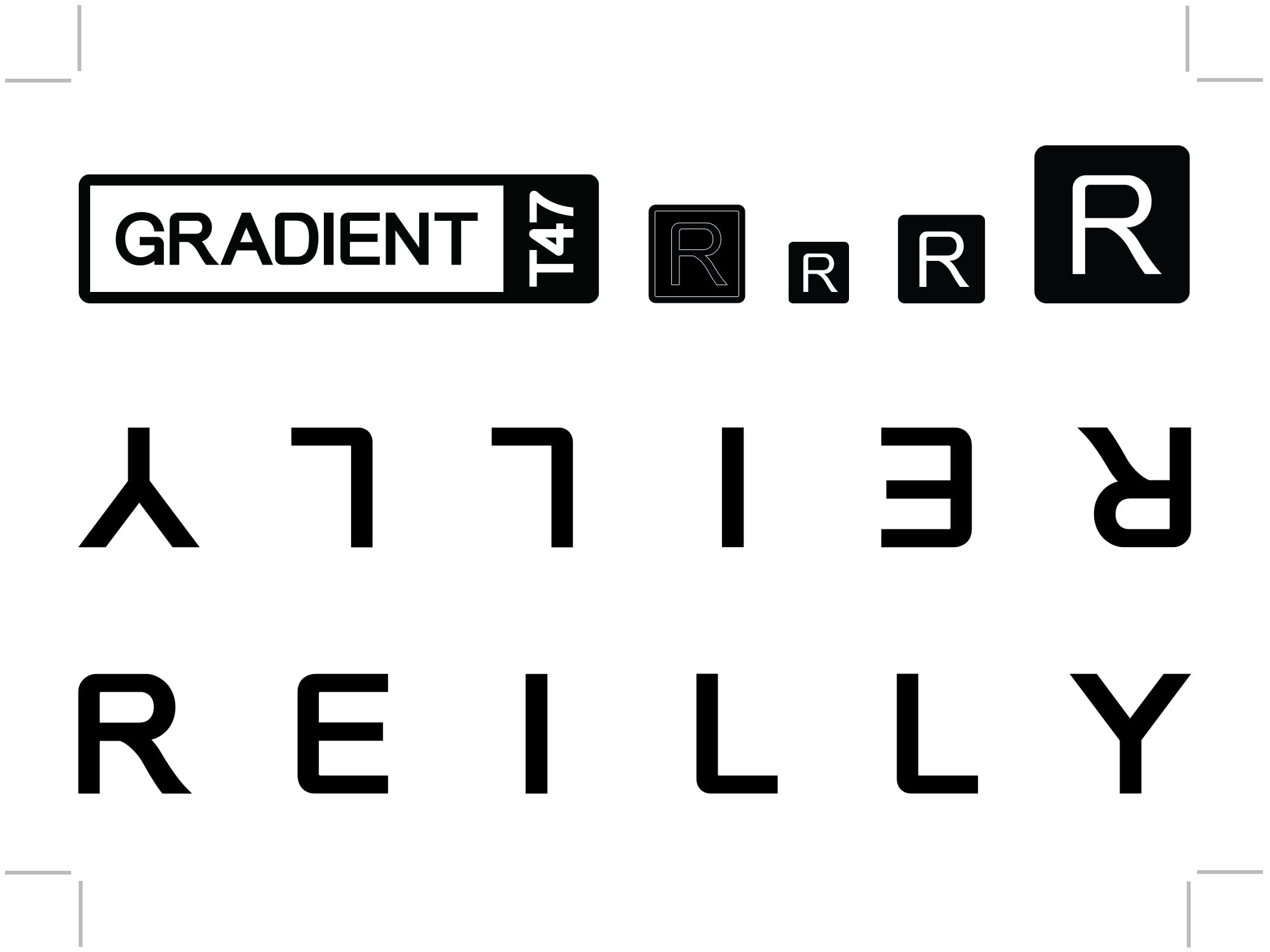Reilly blck and white gradient logo, with the Reilly logo pasted on the white background in many differnt directions.