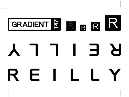 Reilly blck and white gradient logo, with the Reilly logo pasted on the white background in many differnt directions.