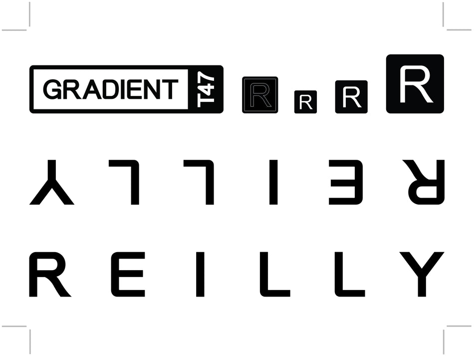 Reilly blck and white gradient logo, with the Reilly logo pasted on the white background in many differnt directions.