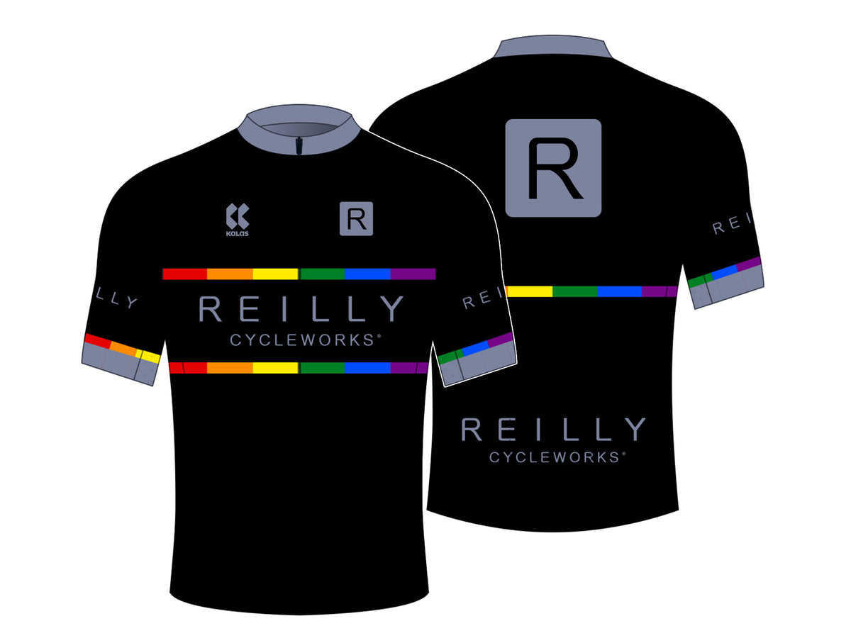 Reilly branded cycling jersey with three pockets on back  