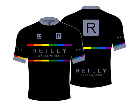 Reilly branded cycling jersey with three pockets on back  