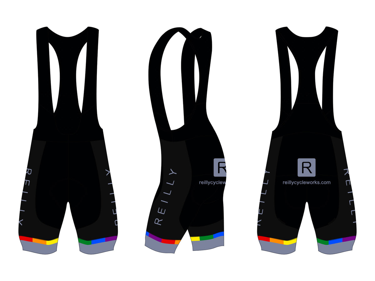 Reilly branded cycling bib shorts in black and rainbow color