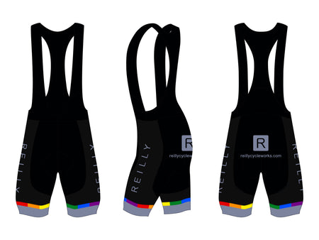 Reilly branded cycling bib shorts in black and rainbow color