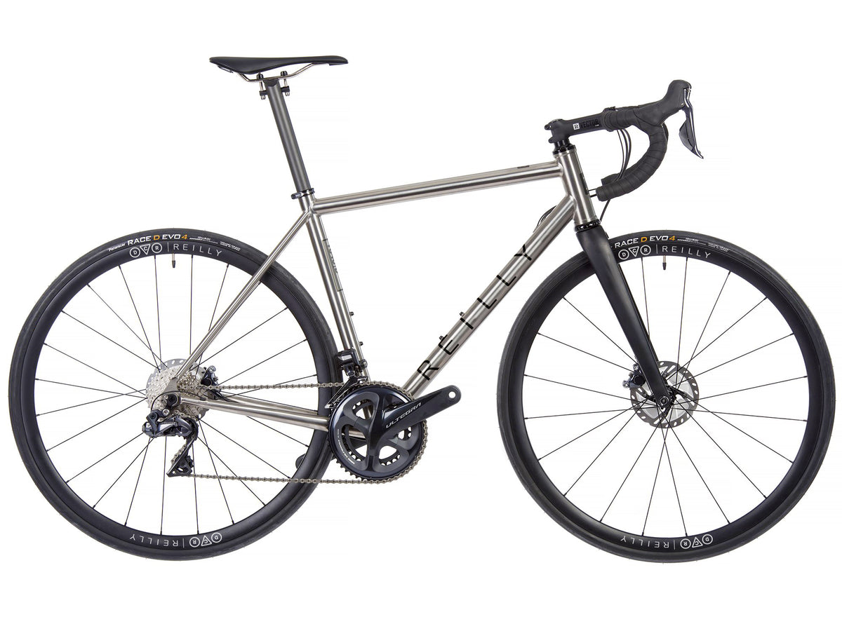 Side view of the Reilly T640 titanium road bike with black decals